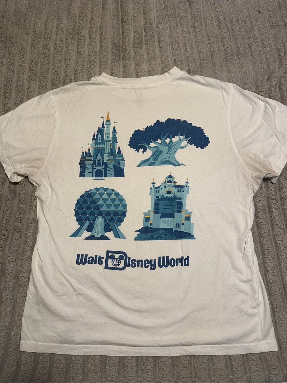 White Men's Walt Disney World T‑Shirt with Blue Theme Park Icons | WDW 50th